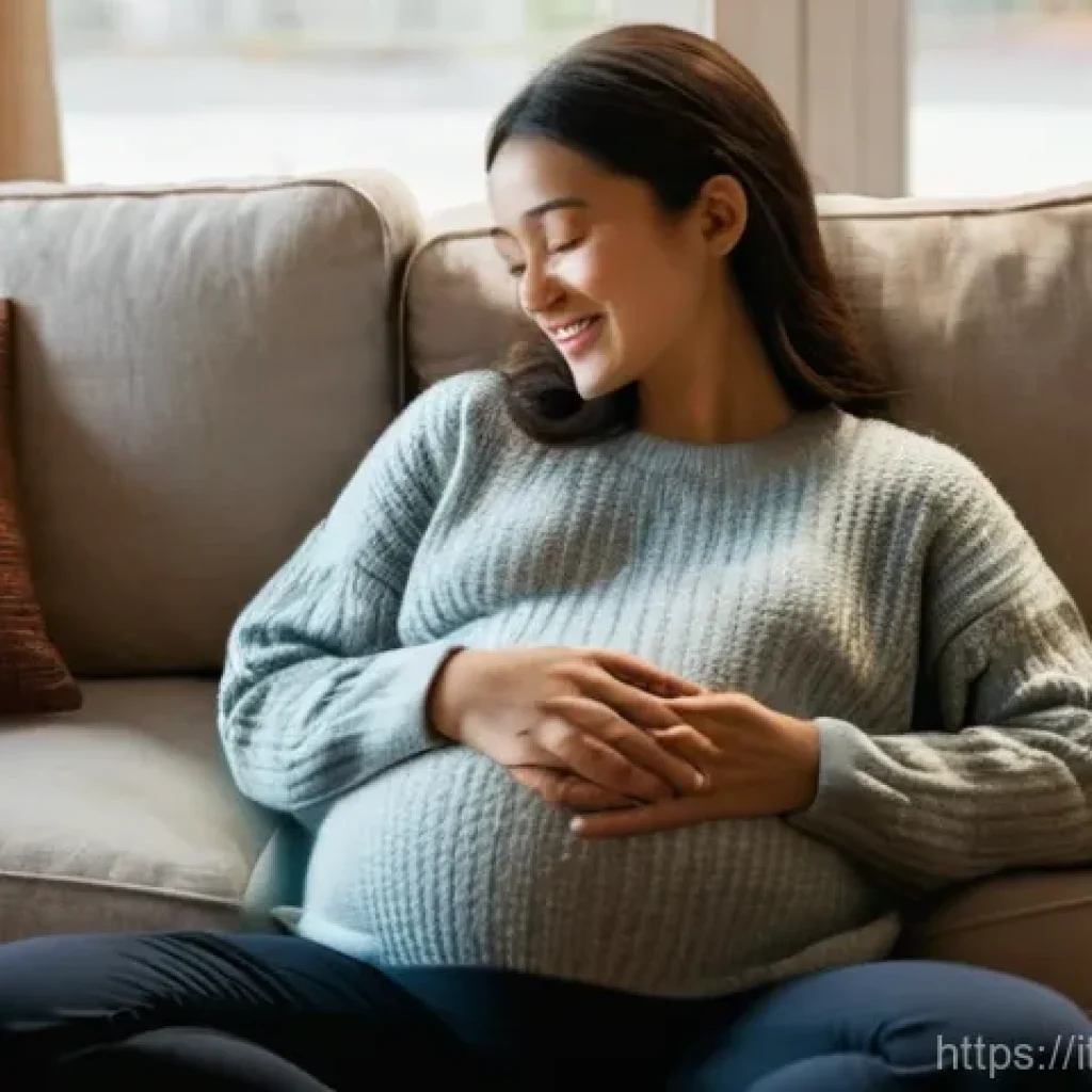 태동이 갑자기 줄었을 때 대처 방법 - **Prompt:** A pregnant Italian woman, around her late second trimester, is comfortably seated on a p...