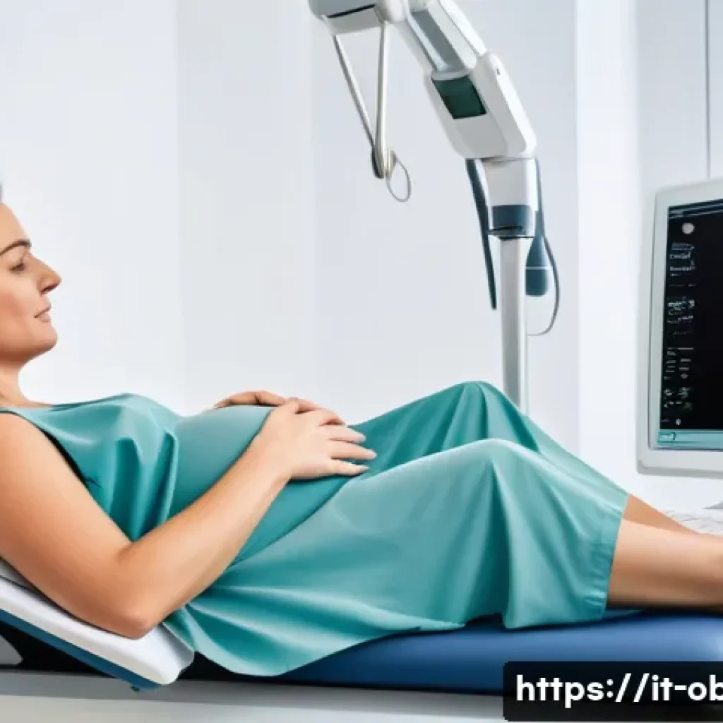 태아 심장박동수 정상 범위와 초음파 검사 - A detailed medical illustration of a pregnant woman undergoing a transvaginal ultrasound in a modern...