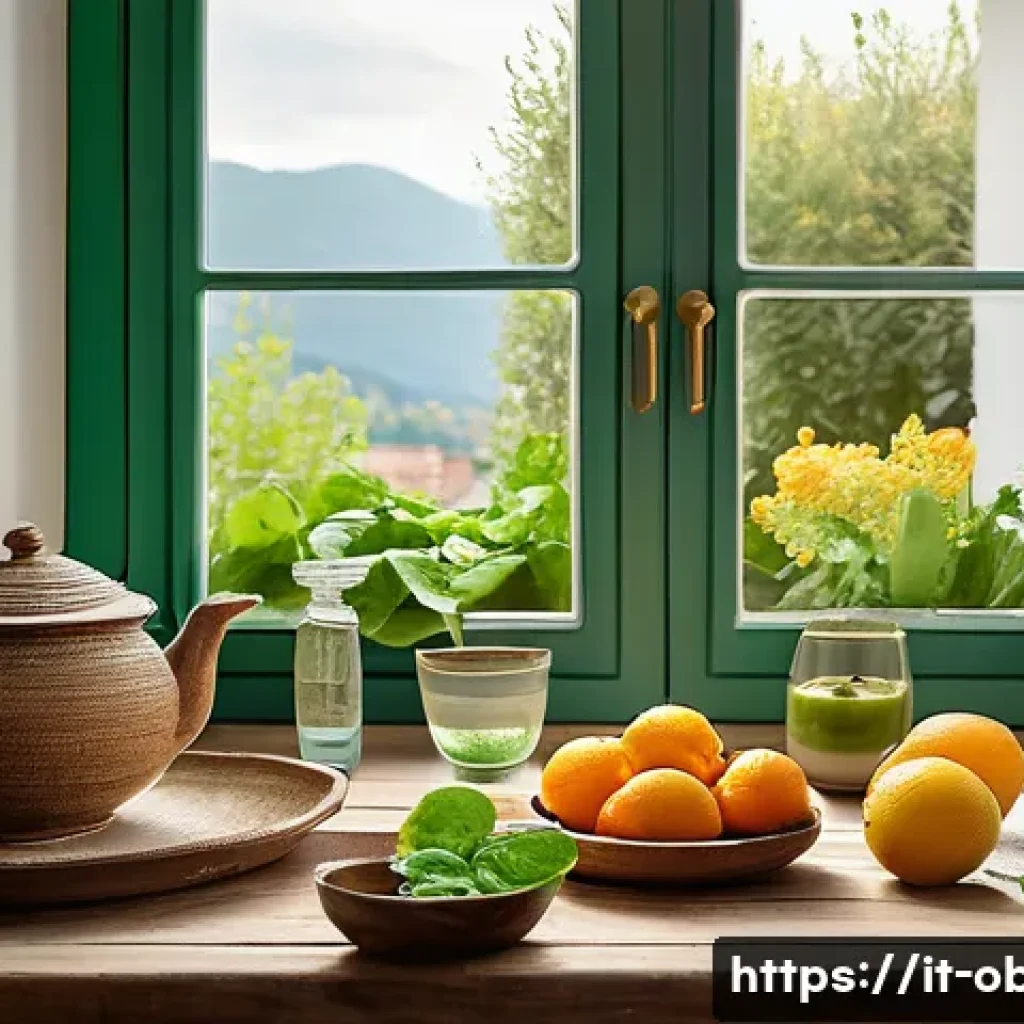 유산 후 회복을 위한 생활 관리 - A serene and cozy kitchen scene in an Italian home, with a wooden table adorned with fresh seasonal ...