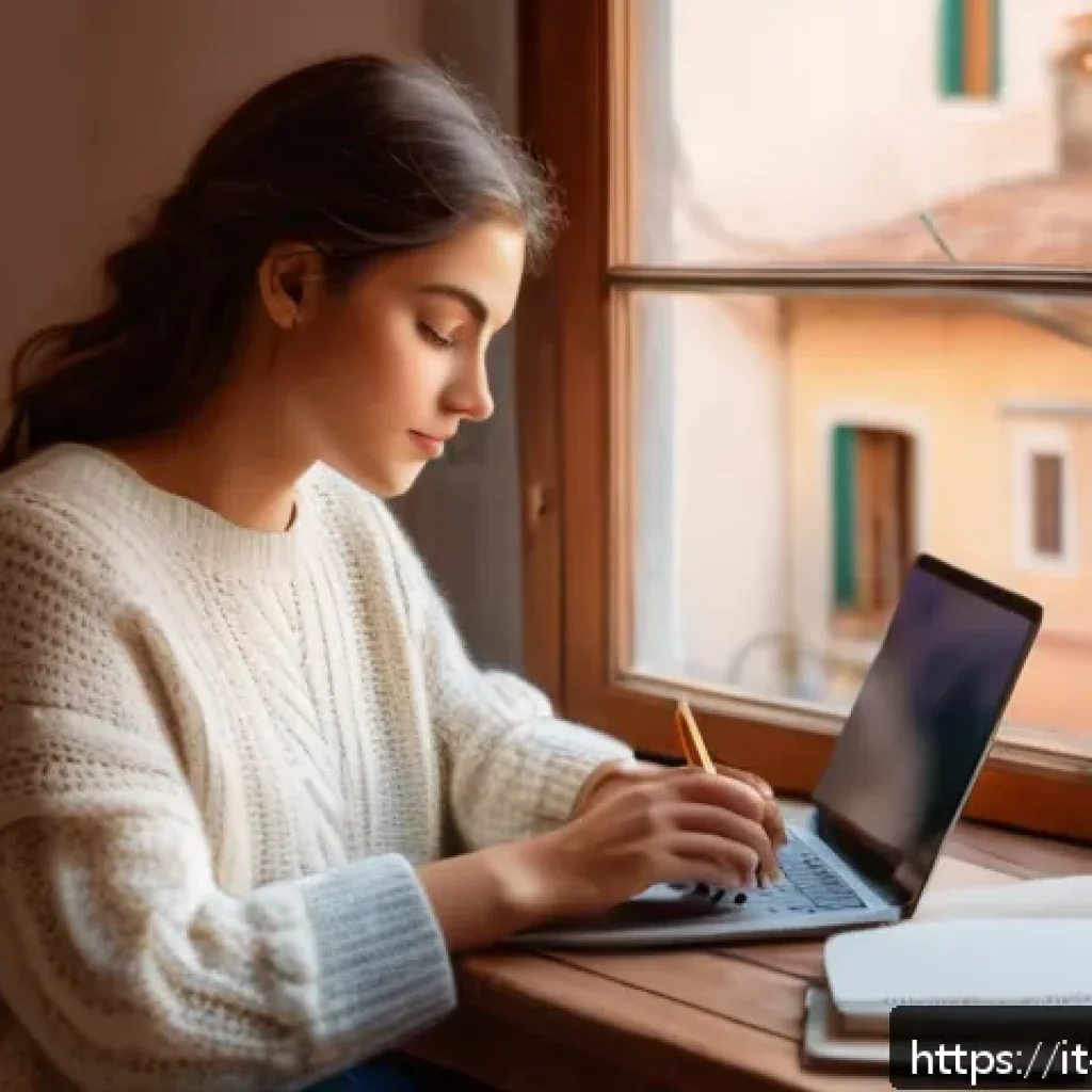 월경전증후군 PMS  증상과 완화 방법 - A serene scene of a young Italian woman sitting at a wooden desk in a cozy, sunlit room, thoughtfull...