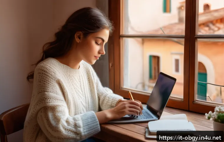월경전증후군 PMS 증상과 완화 방법 - A serene scene of a young Italian woman sitting at a wooden desk in a cozy, sunlit room, thoughtfull...