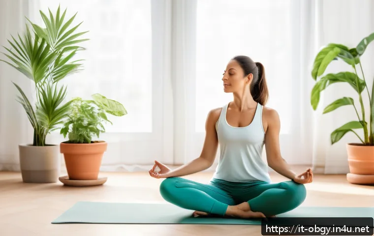 생리통 완화를 위한 약물과 홈케어 방법 - A serene Italian woman in her 30s wearing comfortable, modest activewear and practicing gentle yoga ...