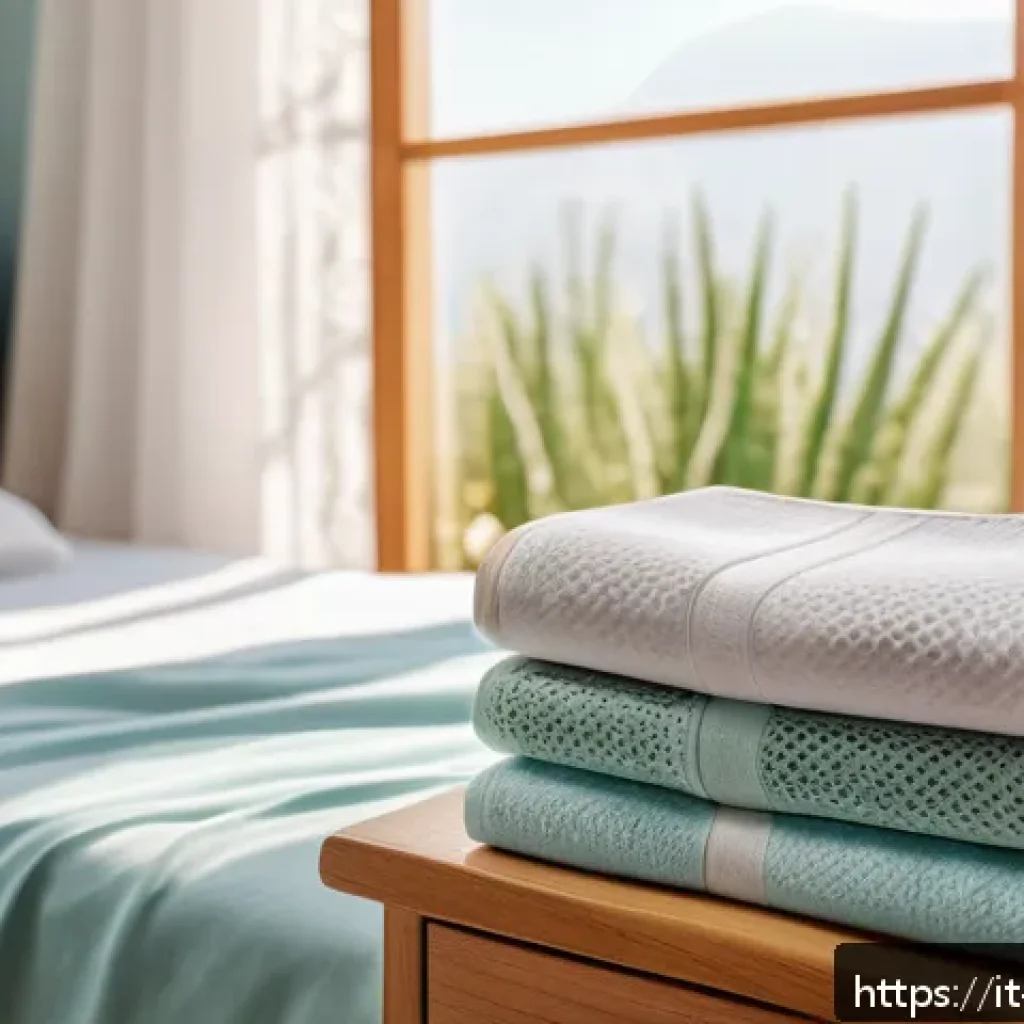 질염 예방을 위한 생활습관과 제품 추천 - A cozy and bright Italian bedroom scene focusing on a neatly folded stack of breathable cotton under...
