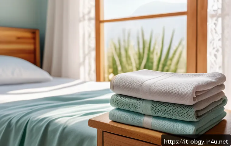 질염 예방을 위한 생활습관과 제품 추천 - A cozy and bright Italian bedroom scene focusing on a neatly folded stack of breathable cotton under...