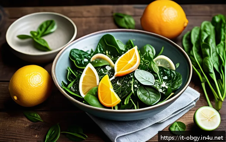 임신 중 산모가 먹으면 좋은 음식 - A vibrant, fresh salad bowl featuring a colorful mix of leafy greens such as spinach, Swiss chard, a...