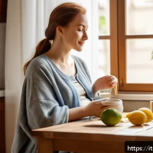 Home 32 임신 초기 입덧 완화 방법 - A cozy kitchen scene featuring a pregnant woman in comfortable, loose clothing sitting at a small wo...