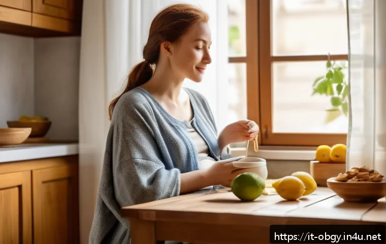 임신 초기 입덧 완화 방법 - A cozy kitchen scene featuring a pregnant woman in comfortable, loose clothing sitting at a small wo...