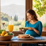 Home 18 임신 중 체중 증가 관리법 - A serene and warm indoor scene of a pregnant Italian woman in comfortable, modest maternity clothing...