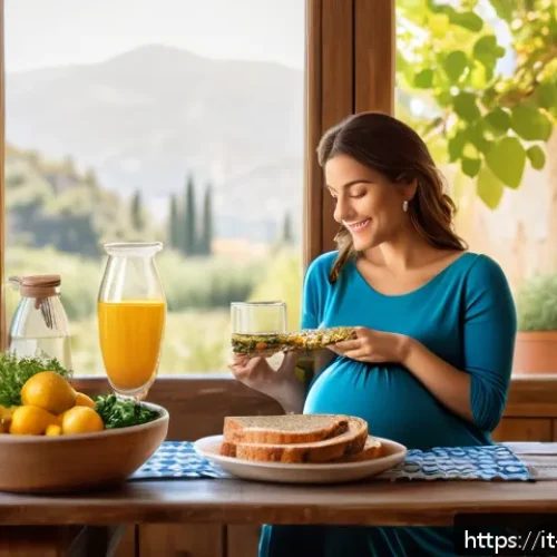 Home 30 임신 중 체중 증가 관리법 - A serene and warm indoor scene of a pregnant Italian woman in comfortable, modest maternity clothing...