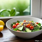 Home 23 임신 중 혈압 관리를 위한 식단 - A vibrant, well-lit kitchen scene featuring a healthy pregnancy meal preparation: a colorful quinoa ...