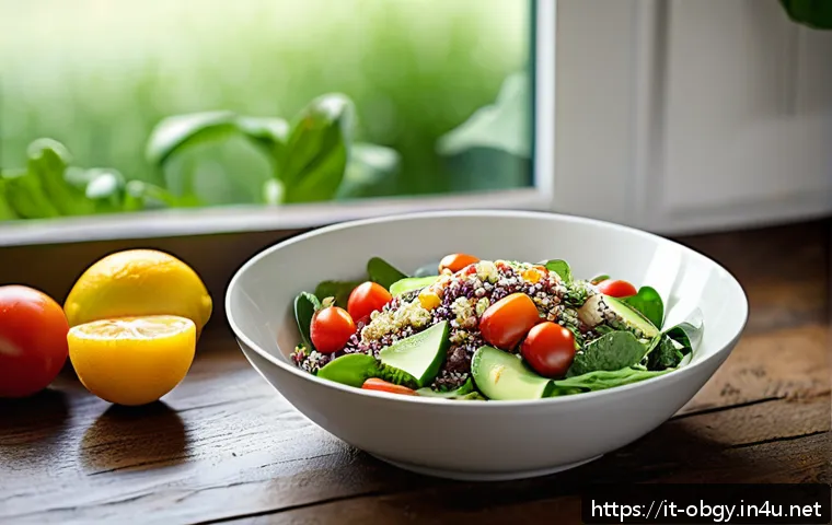 임신 중 혈압 관리를 위한 식단 - A vibrant, well-lit kitchen scene featuring a healthy pregnancy meal preparation: a colorful quinoa ...
